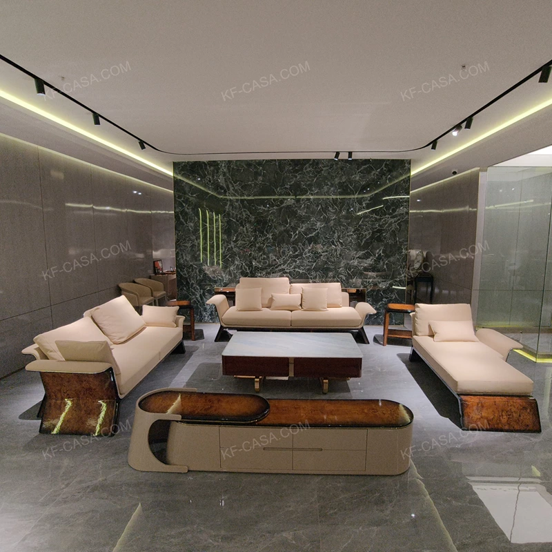 Warm Sand Leather Sofa Set with Natural Burl Wood Veneer, Polished Stainless Steel Trim & Fluid Curved Silhouette